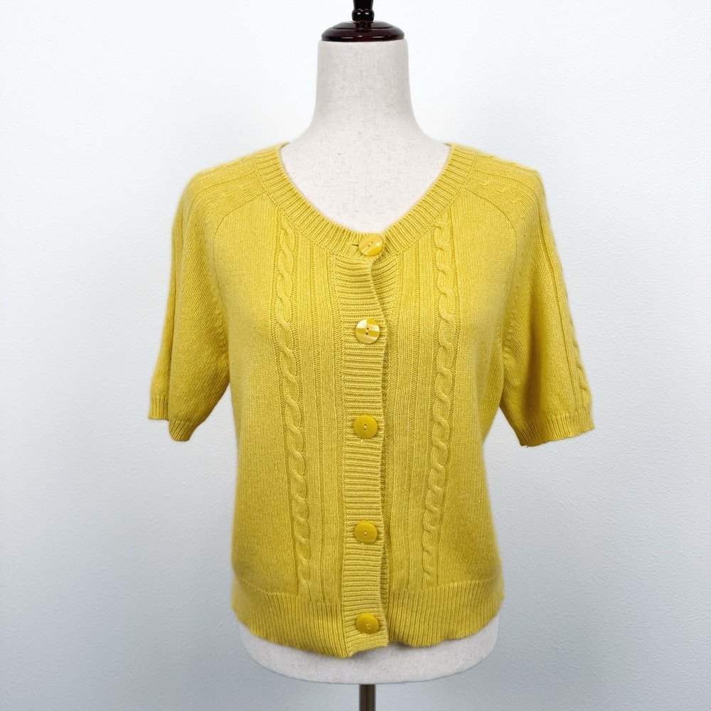 Vtg LOFT Sweater Womens Large Yellow‎ Cable Knit Cardigan Cashmere Blend Preppy